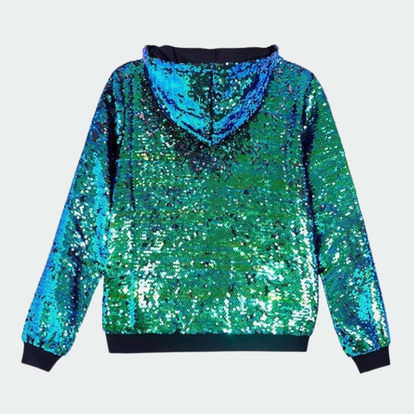 Sequin Hoodie Zip-Up Jacket Sparkly Mermaid to Black Women's Medium BNWT - Picture 2 of 5